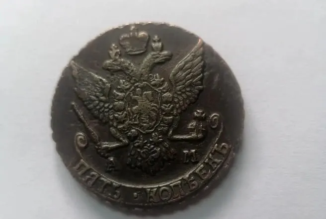 Продаётся пятак 1790 года, продавец утверждает, что монета оригинальная, не чистилась и весит 53 г. Цена — 25,4 млн рублей.
