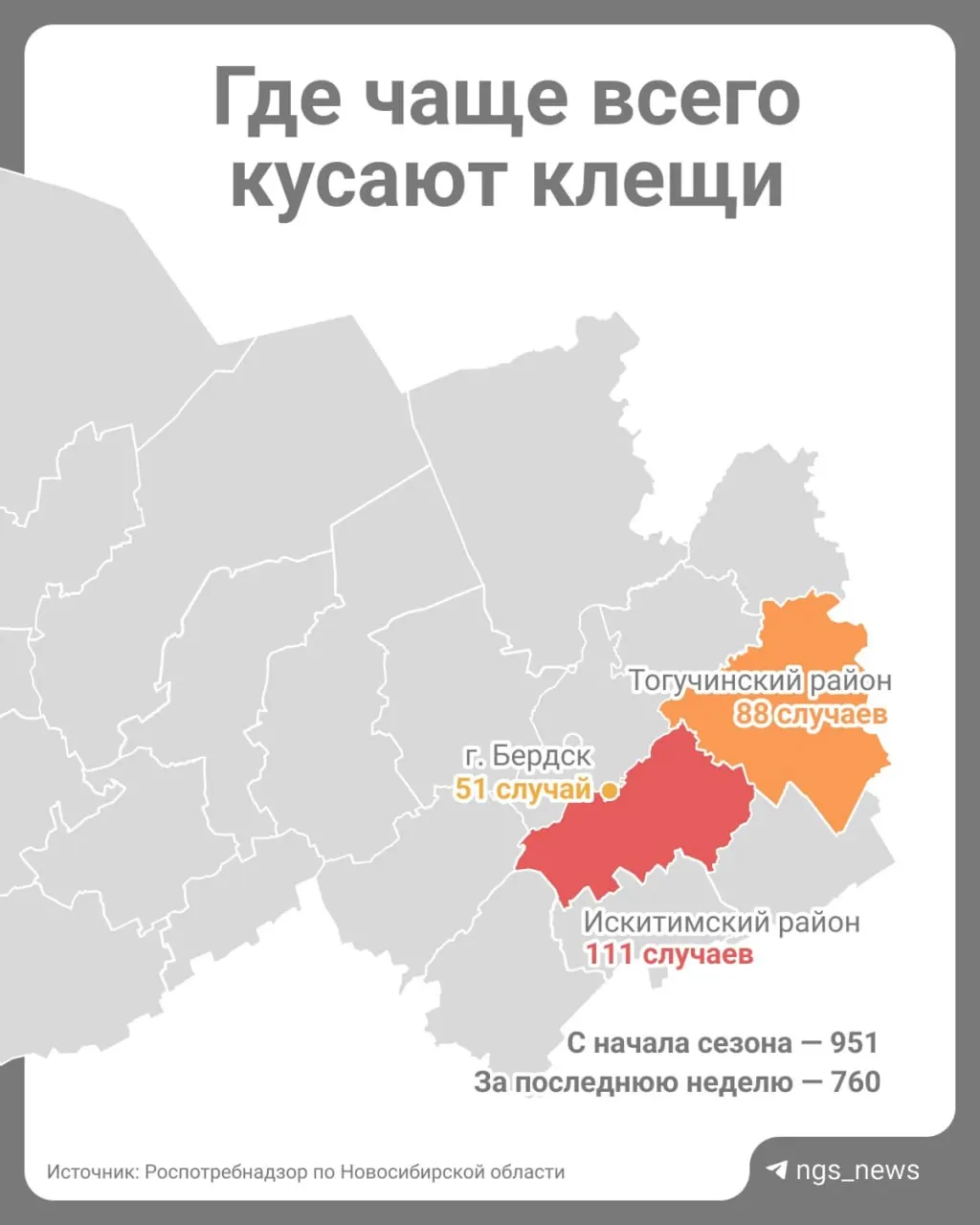 Более 700 жителей Новосибирской области обратились к врачам из‑за укусов клещей в начале мая; наиболее пострадавшие районы показаны на карте.