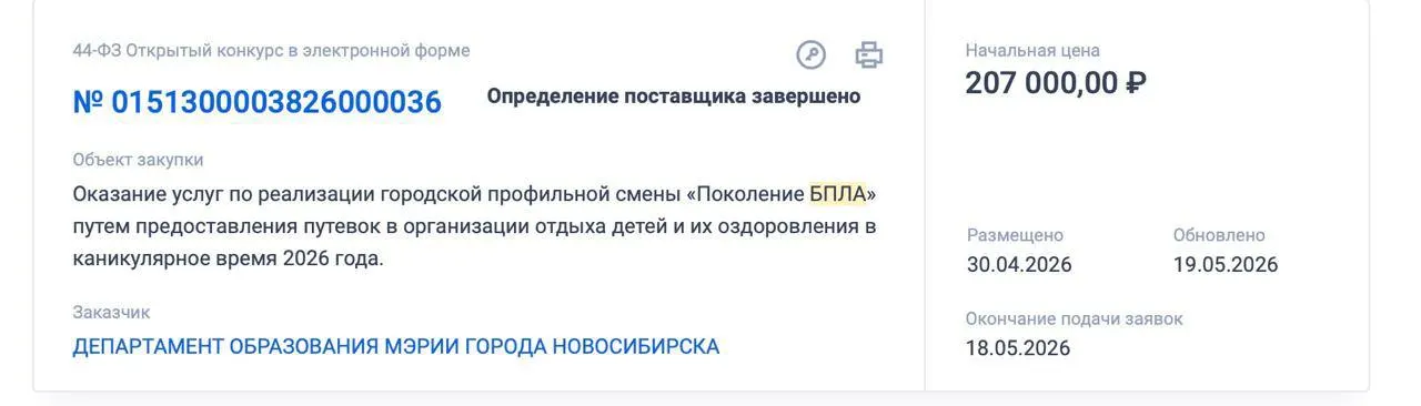 Мэрия закупает путёвки для подростков 12–17 лет в летнюю смену, где планируют обучать основам пилотирования беспилотников и их применению в аграрной сфере. На организацию выделено свыше 207 тыс. рублей.