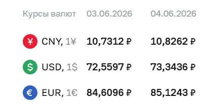Официальный курс на 4 июня: доллар вырос до ₽73,34, евро — до ₽85,12, юань — до ₽10,83. По курсу ЦБ проводятся расчёты по ряду финансовых инструментов.