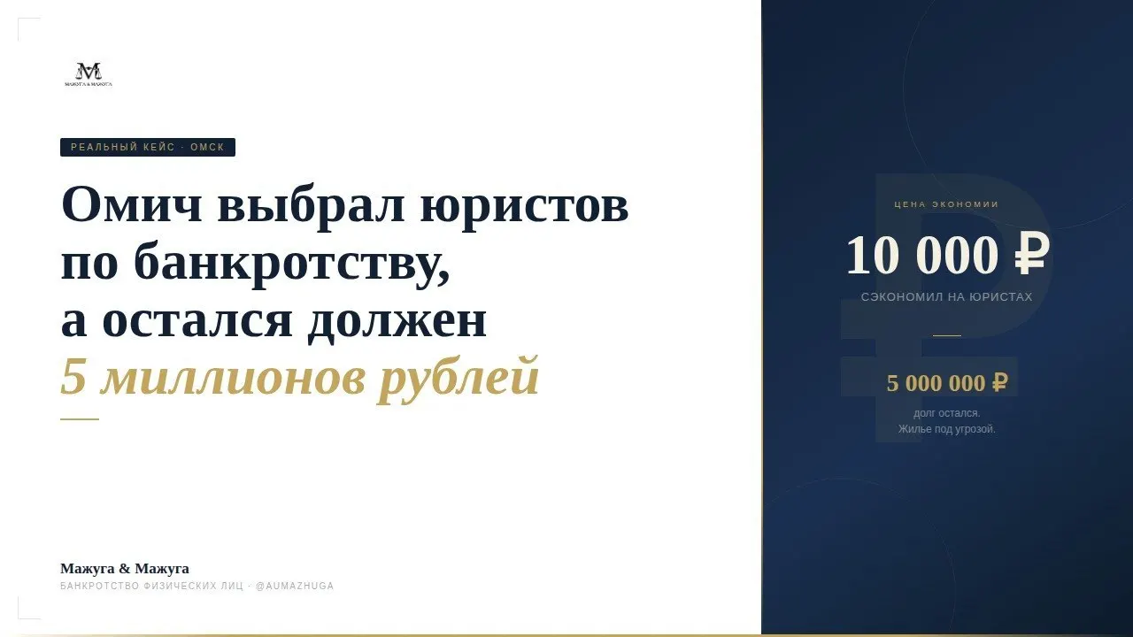 Житель Омска воспользовался недорогой услугой сопровождения банкротства, но после завершения процедуры долг в 5 млн рублей не списали. Юрист объясняет ключевые моменты, которые стоит проверить перед выбором исполнителя.