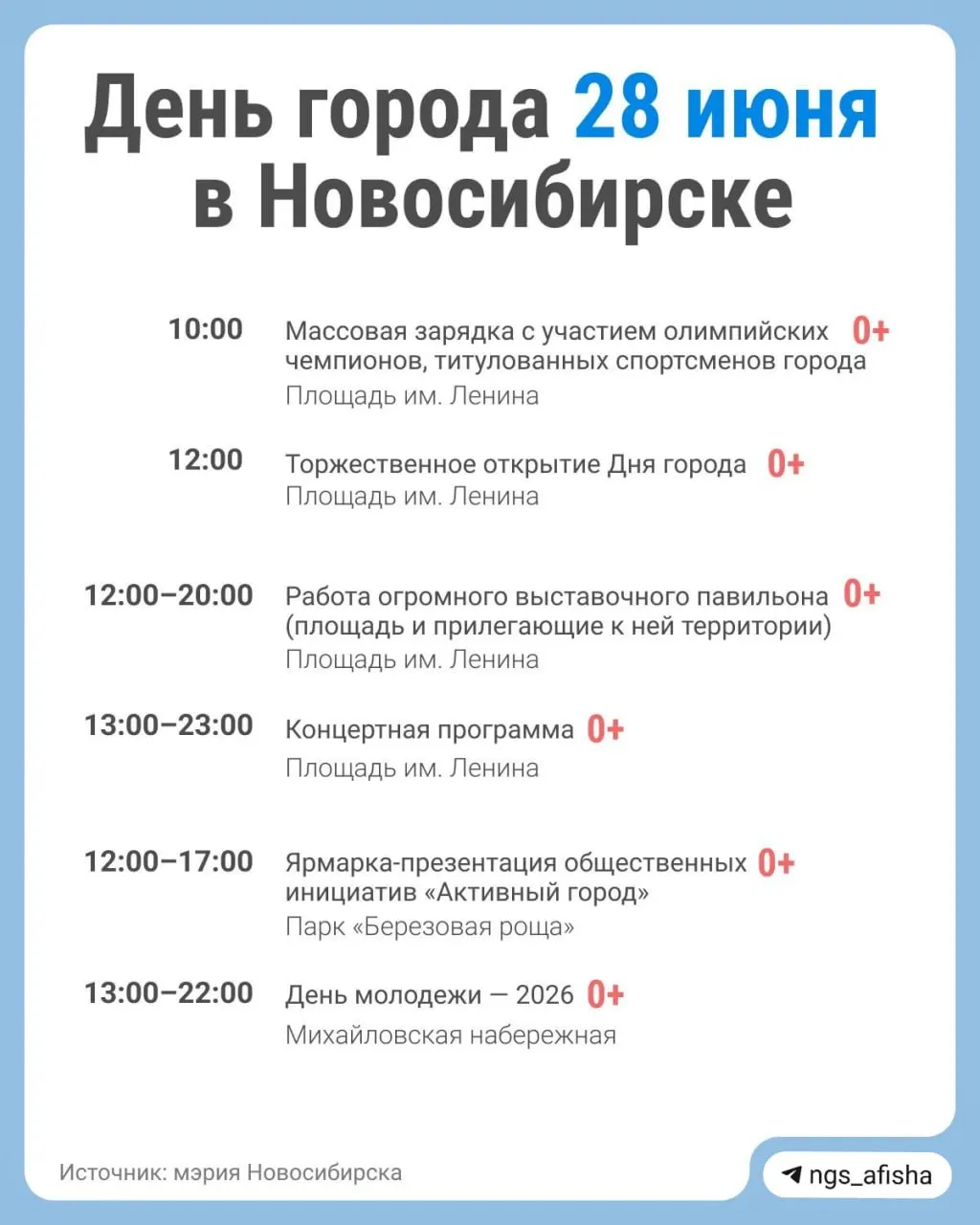 Концерты, выставки и тематические зоны в рамках концепции «Новосибирск — перекресток мира». Основные площадки и перечень скверов, парков и клубных пространств, где пройдут выступления.