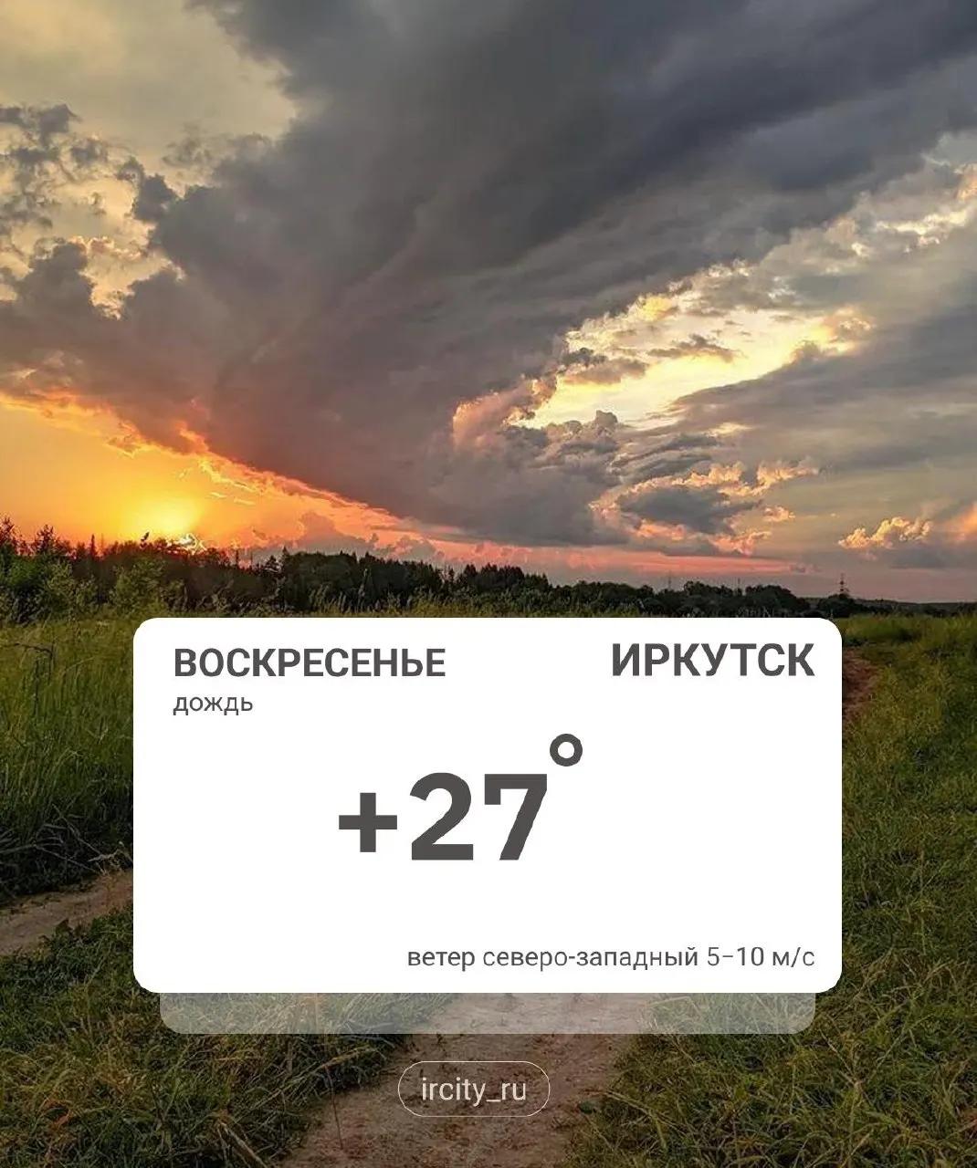 Днём местами кратковременные дожди и грозы; ветер северный 5–10 м/с, при грозах 9–14 м/с; температура от +10 при прояснениях до +22 при облачности.