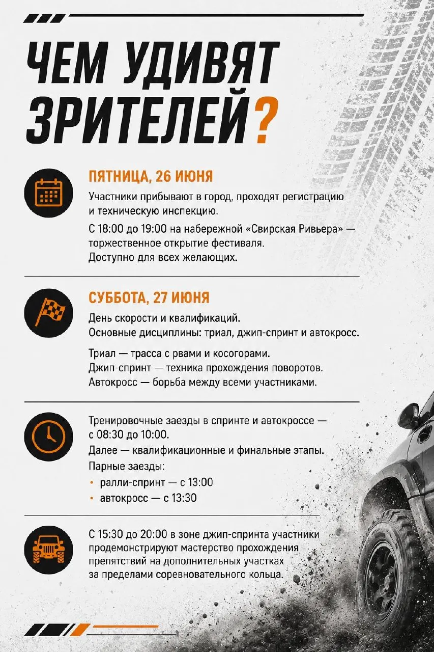 Два дня моторов, гонок и шоу: ралли-спринт, авто-кросс, эндуро, джип-спринт, триал и большая автовыставка на набережной «Свирская Ривьера».