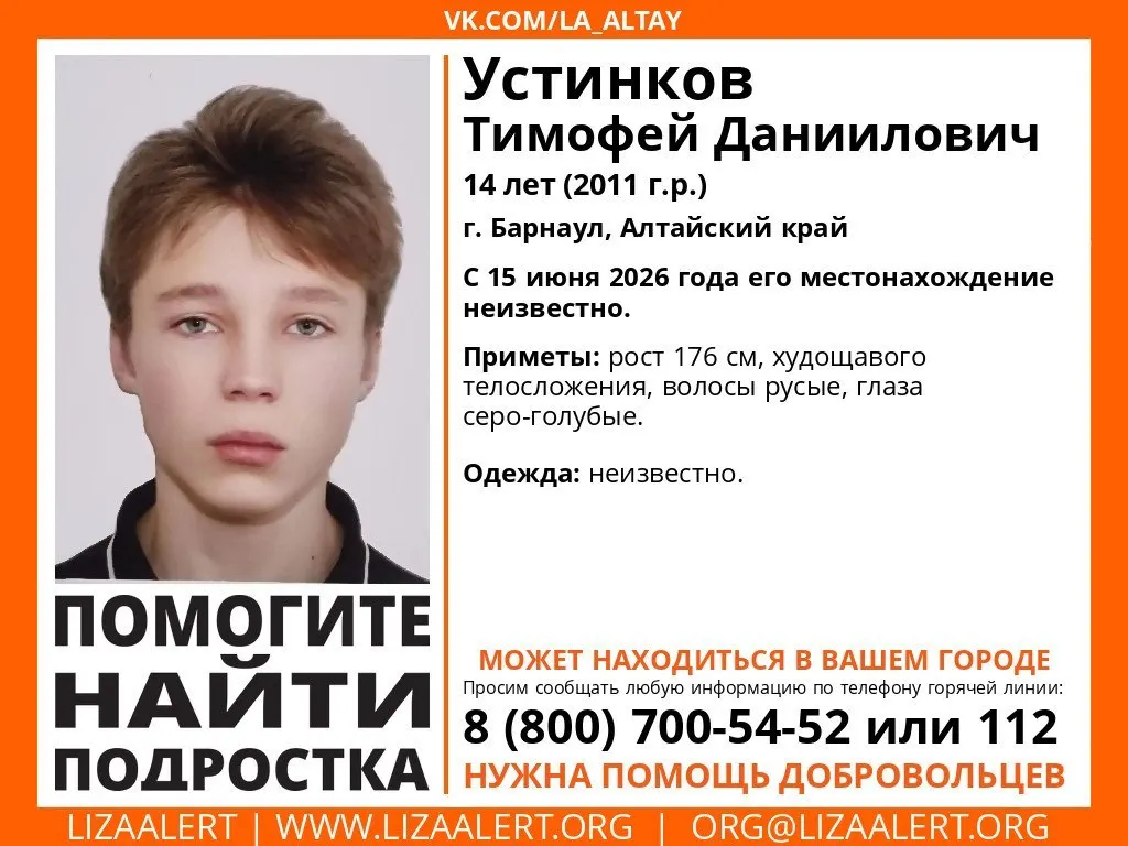 Тимофей Устинков пропал 15 июня. По предварительным данным, подросток мог уехать в другой населённый пункт; его приметы известны.