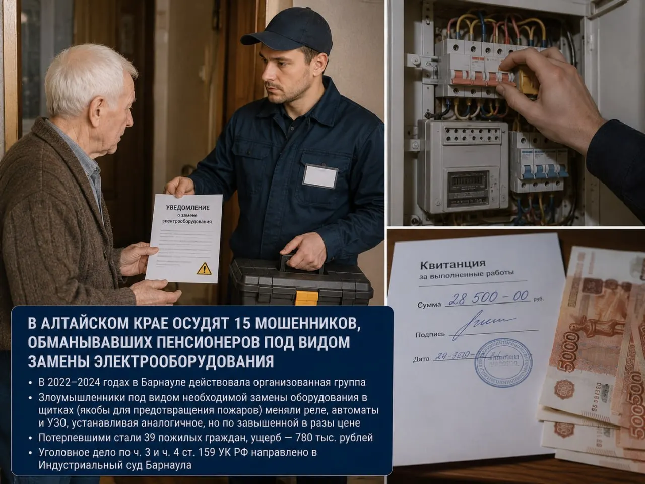 В Алтайском крае завершено расследование в отношении 15 человек, которых обвиняют в мошенничестве: с 2022 по 2024 годы они предлагали пенсионерам заменить электрооборудование и брали за это завышенную плату. Пострадали 39 человек, общий ущерб — 780 тысяч рублей. Дело передано в суд.