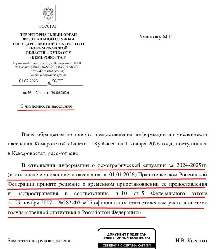 Правительство РФ временно приостановило предоставление официальных данных о численности населения за 2024–2025 годы, включая сведения на 1 января 2026 года. Кемеровостат ссылается на соответствующее решение и изменения в законе №282.