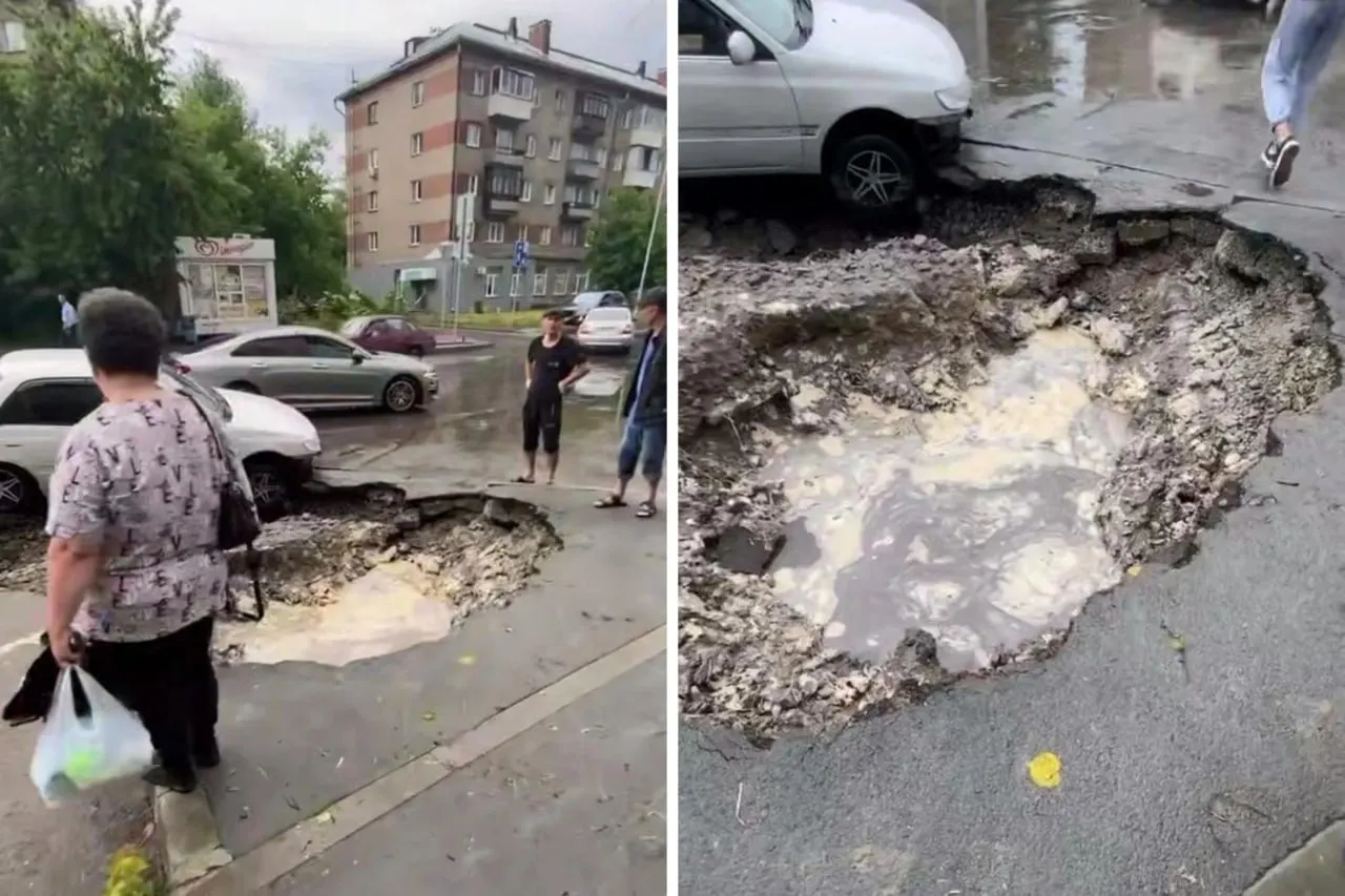 После ливня просела засыпанная глиной яма на Дачной: в образовавшуюся воронку угодил автомобиль. Местные говорят, что рабочие не успели заасфальтировать участок после вскрытия труб.