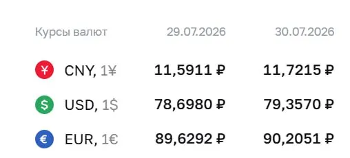 Официальный курс Центробанка на 30 июля: доллар — ₽79,36; евро — ₽90,21; юань — ₽11,72. Доллар не поднимался выше ₽79 с 4 апреля.
