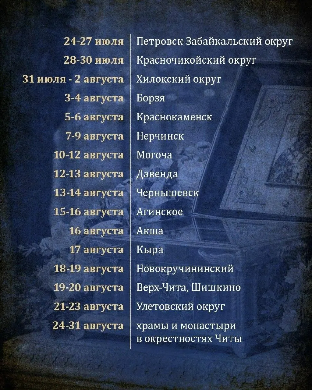 23 июля в Казанском кафедральном соборе Читы встретят ковчег со святыней. После литургии мощи будут перенесены по приходам края и пробудут в Забайкалье до 31 августа.