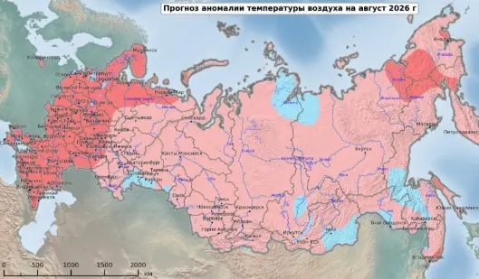 В августе 2026 года средняя температура в Омской области может оказаться на 0–1° выше климатической нормы — такой прогноз показывает карта температурных аномалий Рогидрометцентра.