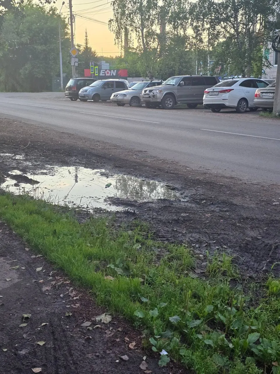 Автомобили въезжают на газон возле стадиона «Темп», из‑за чего зелёная зона превращается в грязь; в администрации сообщили, что учтут обращения при формировании графика ремонтов.