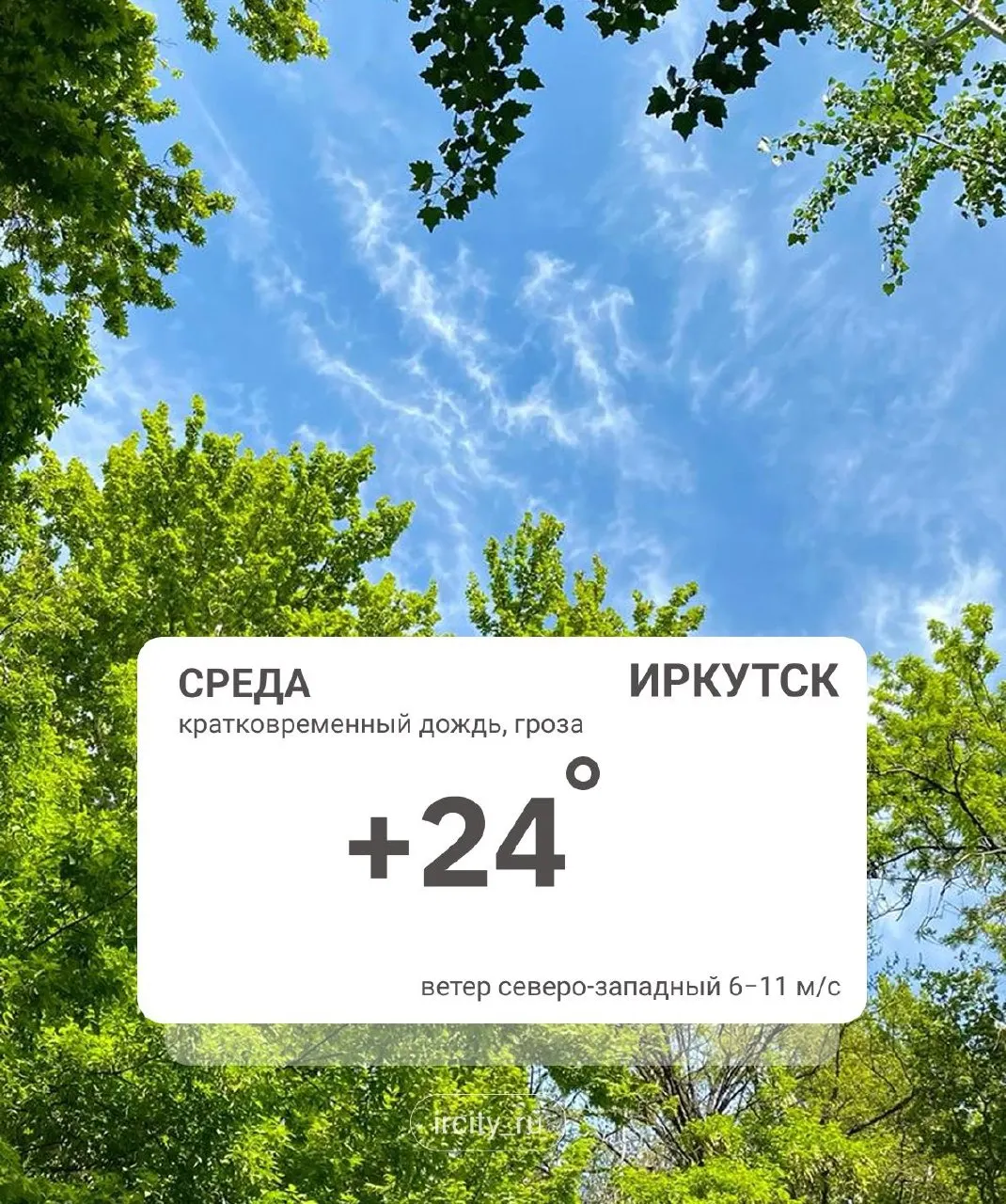 Переменная облачность, местами сильные кратковременные дожди и грозы. Температуры по области от +10°С до +32°С.