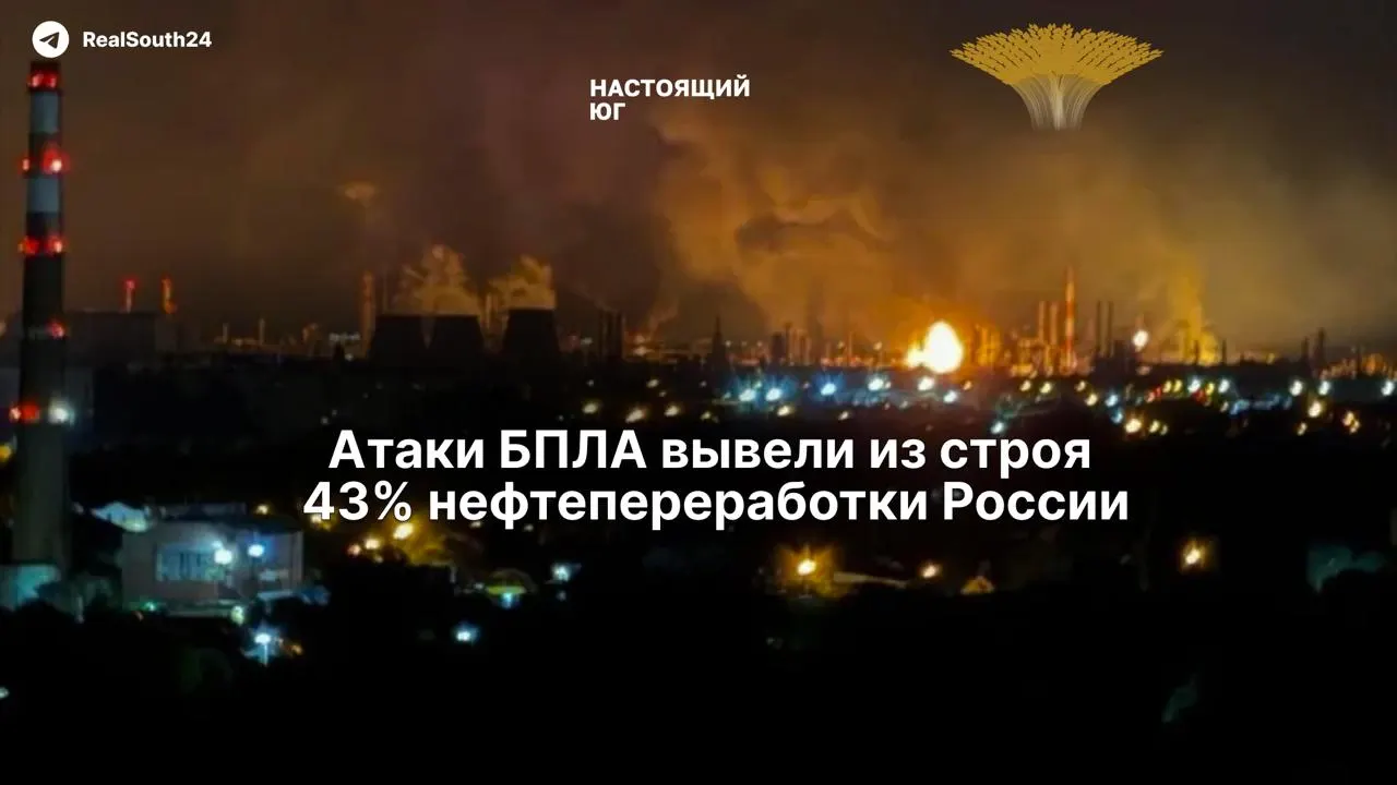Атаки беспилотников вывели из строя около 43% мощностей переработки нефти в стране: под ударом оказались восемь из десяти крупнейших заводов. Восстановление затруднено санкциями, а работники требуют компенсаций за опасные условия труда.