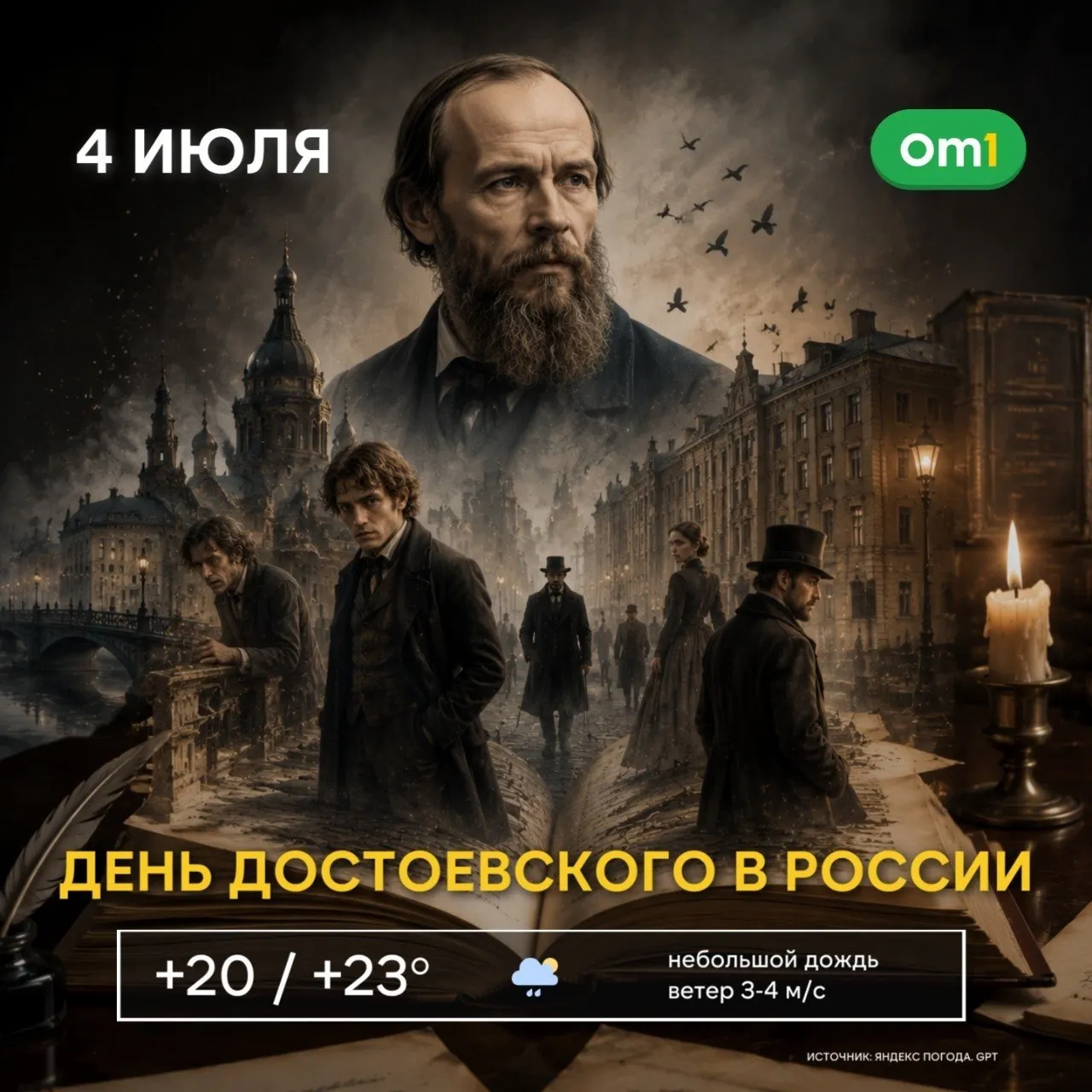Неофициальный день Достоевского приходится на первую субботу июля: события «Преступления и наказания» разворачиваются в начале июля. Для Омска это также памятная дата — писатель был в городе 6–9 июля 1859 года. В следующую неделю стартует фестиваль «Дни Достоевского в Омске» с экскурсиями и лекциями.