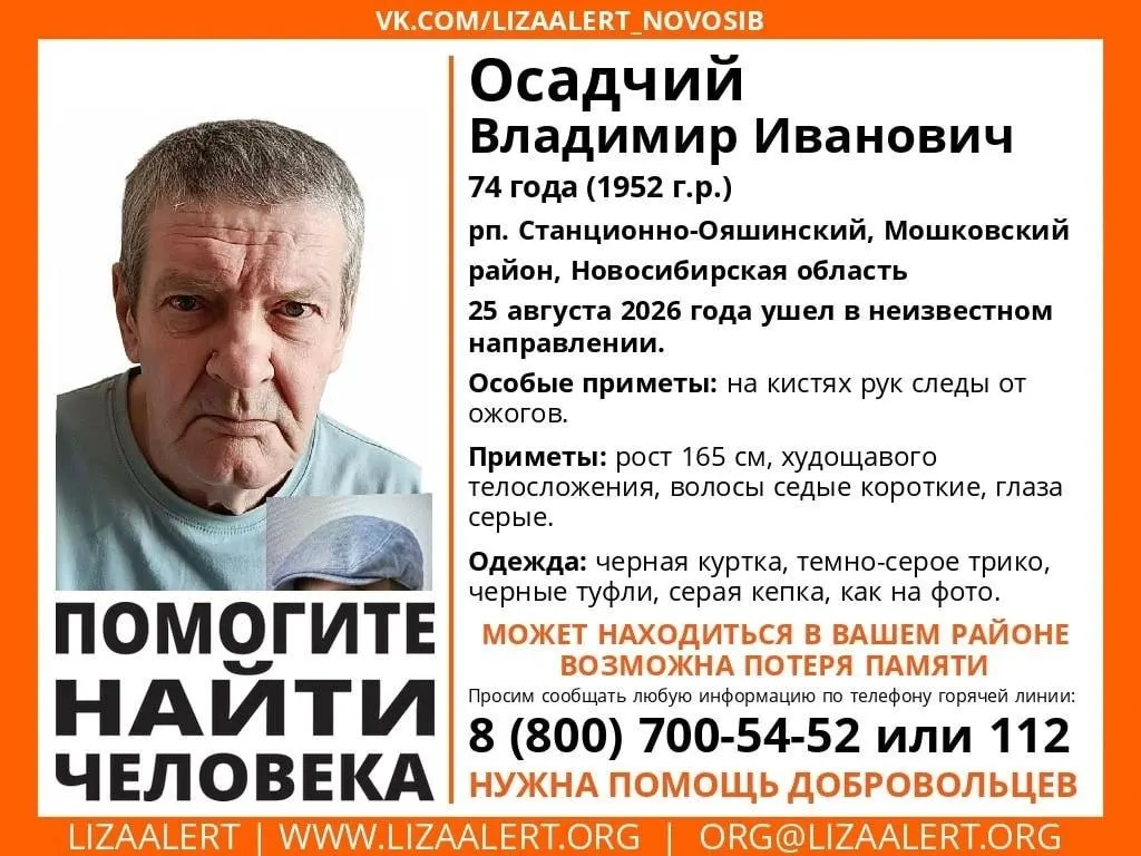 74-летний Владимир Иванович исчез после ухода из дома в рабочем поселке Станционно-Ояшинском; отряды спасателей проверяют заброшенные дачи и дома.