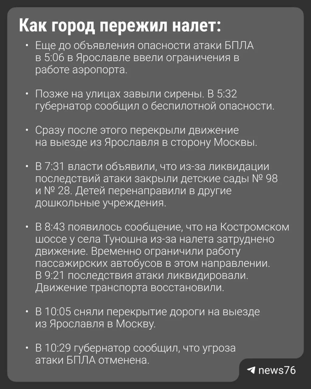 Утром на Ярославль налетели 67 БПЛА; обломки попали в автобус, погиб один человек, 27 пострадали.