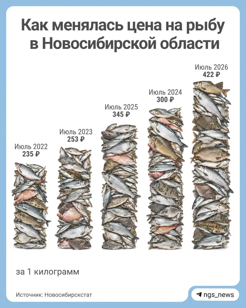 В Новосибирской области в июле средняя цена рыбы достигла 422 рубля за килограмм, что примерно на 44% выше уровня пяти лет назад.
