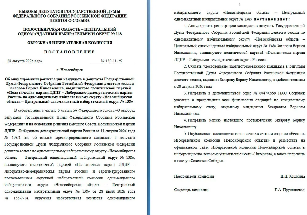 Избирком Новосибирской области отменил регистрацию Бориса Захарова, баллотировавшегося по Центральному округу от ЛДПР. По данным источников, решение связано с его декларациями о доходах и иностранном счёте.