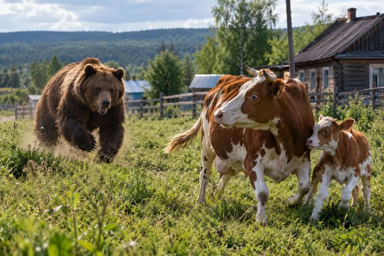 Медведи выходят к селам района и атакуют пастбища: корова погибла, телёнок ранен; егерю пришлось застрелить одного зверя.