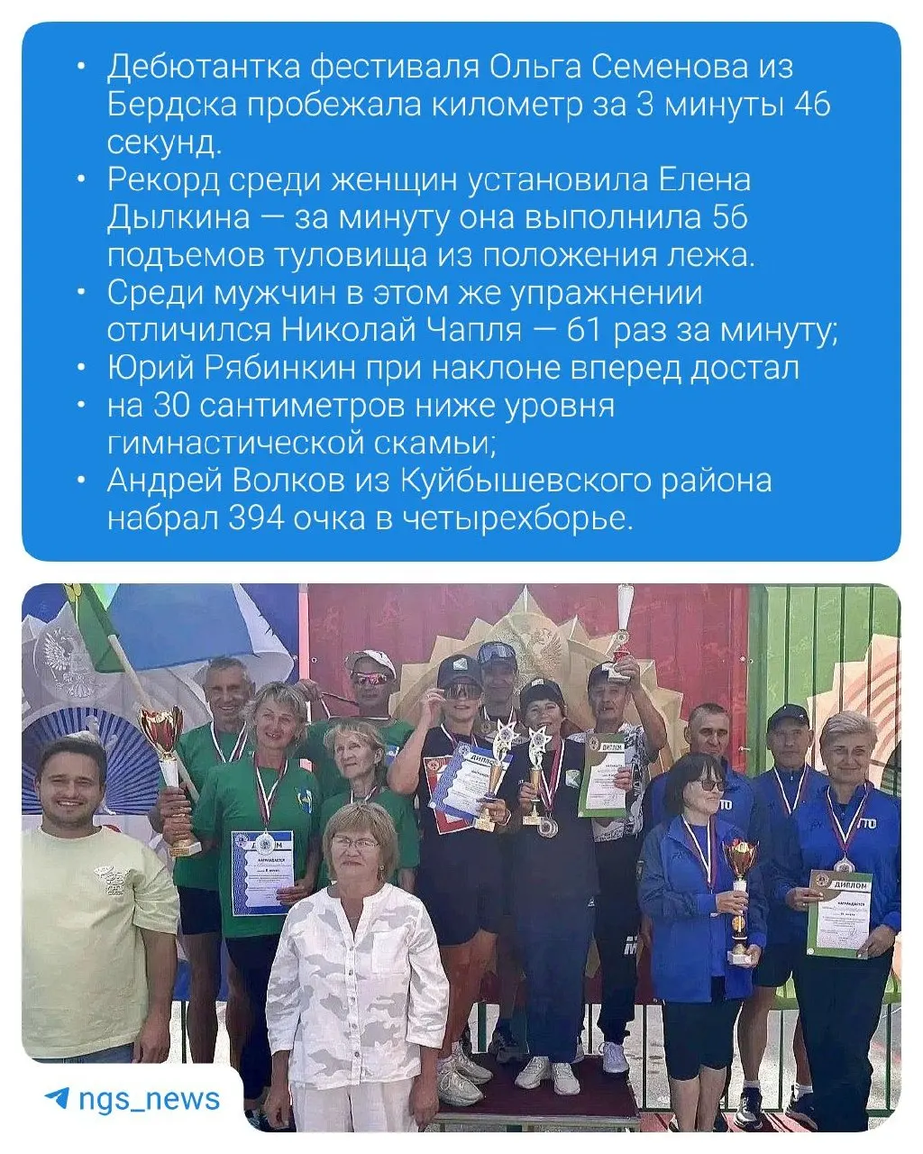 В Коченево прошёл областной фестиваль ГТО среди жителей старшего возраста; 30 команд из муниципальных образований НСО состязались, и Краснозёрский район стал чемпионом, установив рекорд по сумме очков.