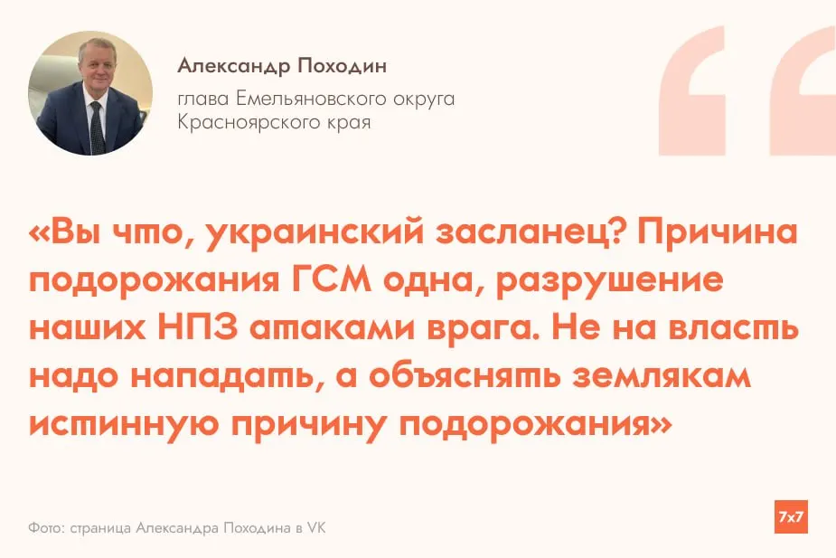 Депутат Емельяновского округа разместил ролик о росте цен на бензин на 23% за год; глава округа в частных переписках обвинил его в поддержке Зеленского и пригрозил последствиями.