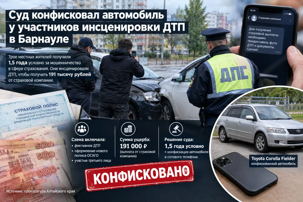 Трое жителей Барнаула признаны виновными в страховом мошенничестве; каждому назначено условное наказание. Автомобиль и смартфон конфискованы, страховая выплата составила 191 тысячу рублей.