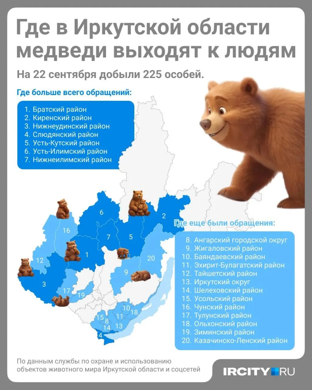 Обновлённая карта активности зверей показывает районы, где медведи чаще возникают возле людей, и места обращений граждан в Иркутской области.