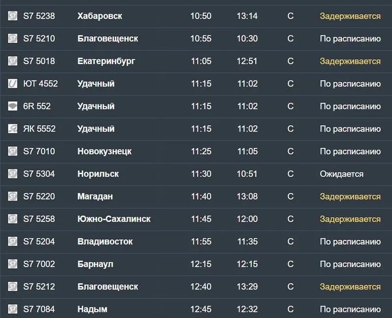 В новосибирском аэропорту Толмачёво задерживаются прибытия нескольких рейсов; некоторые задержки достигают 11 часов 20 минут.