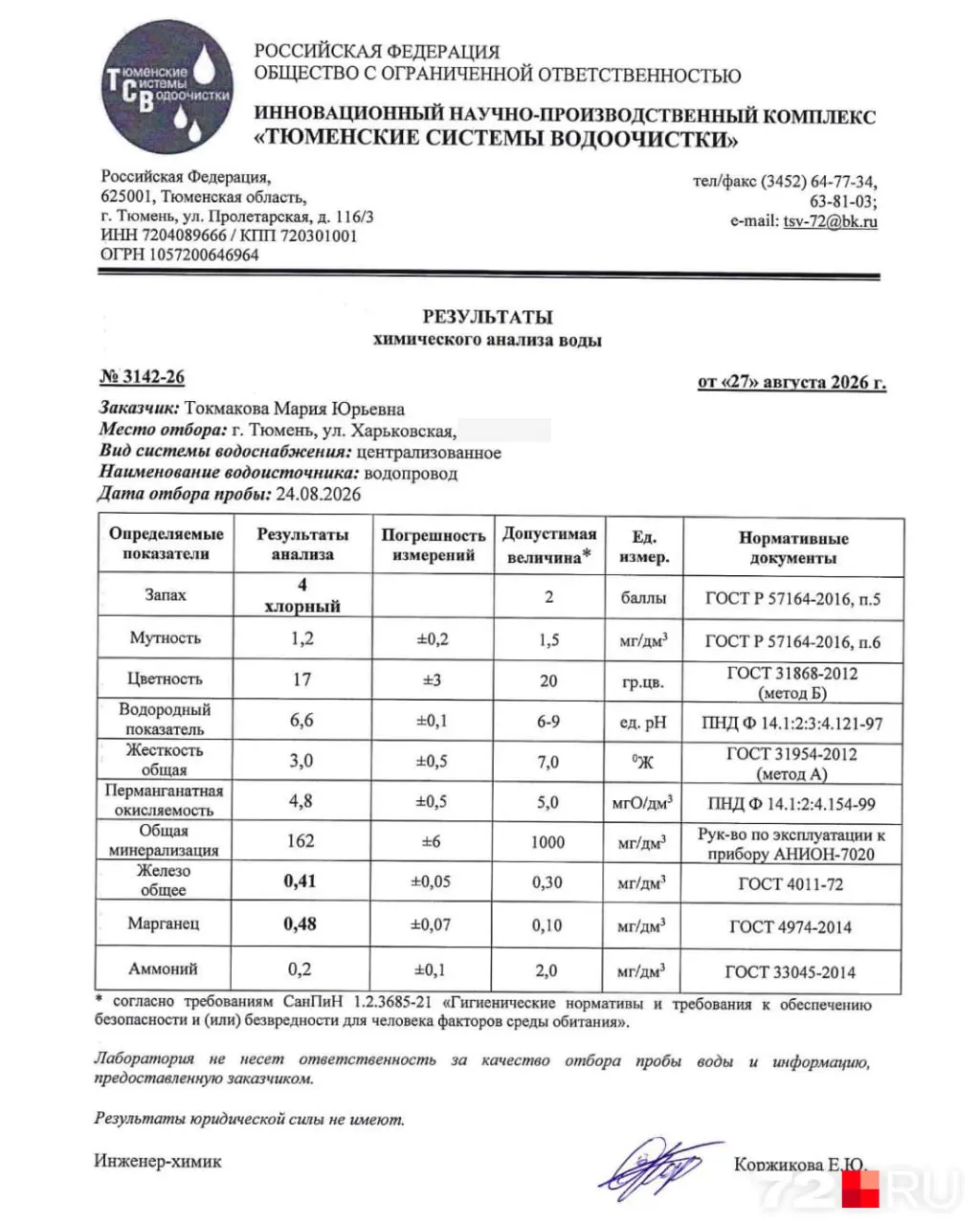По результатам повторного анализа тюменской водопроводной воды за период с конца июля по конец августа три показателя не соответствуют нормам: запах, марганец и общее железо; вода не пригодна для питья без доочистки.