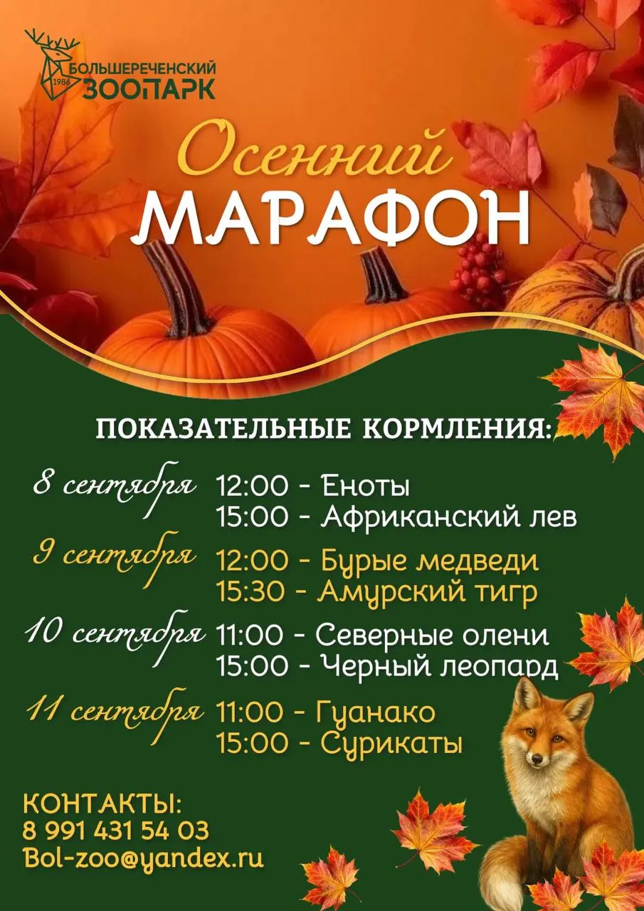 С 8 по 11 сентября в зоопарке пройдут осенние показательные кормления животных дарами осени.