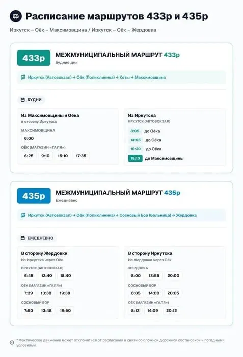 С 1 октября запущены два маршрута: Иркутск — Максимовщина и Иркутск — Жердовка. Движение по будням и без выходных, льготный проезд и безналичная оплата.
