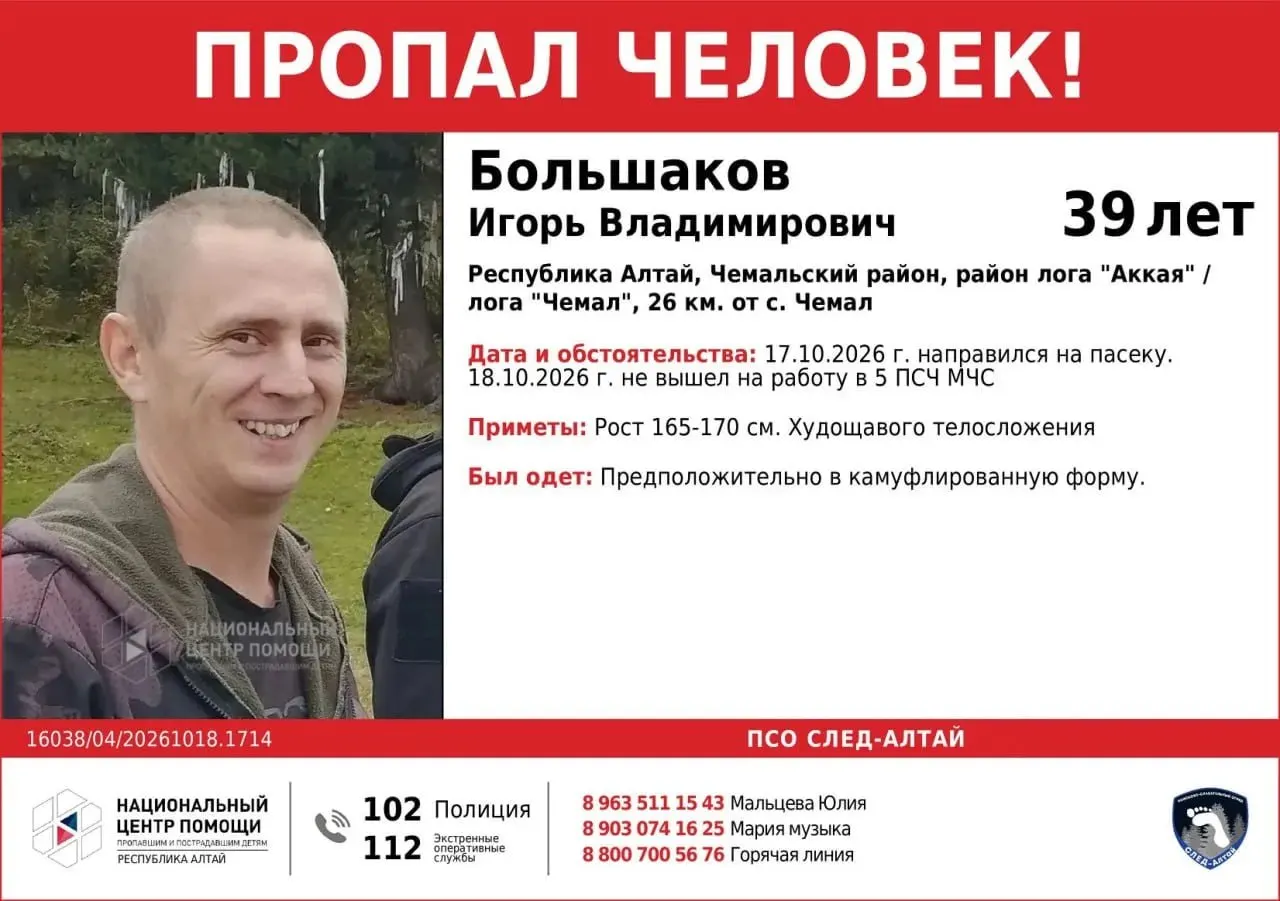 39-летний житель села Чемал исчез после поездки на пасеку; в поисках задействованы 42 человека и 10 единиц техники. Дополнительно привлечены 18 человек и 6 единиц техники, включая двух специалистов по беспилотным системам.