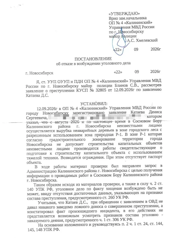 Заявление о незаконной вырубке соснового бора не привело к возбуждению дела; прокуратура впоследствии потребовала объяснений от градоначальника и руководителя компании.