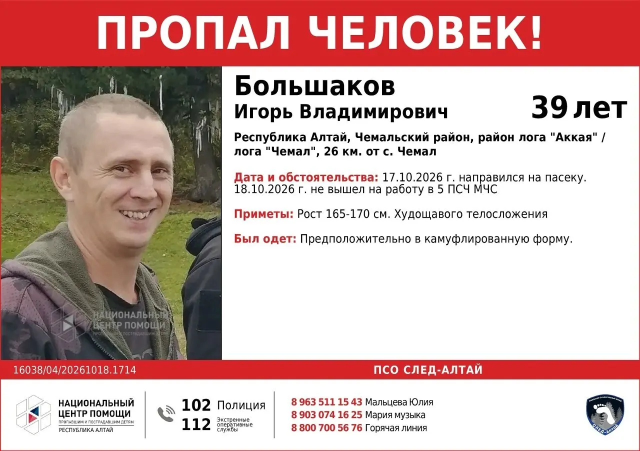 Пожарно-спасательная часть ищет пропавшего сотрудника, исчезшего во время обхода пасеки в Чемальском районе Республики Алтай.