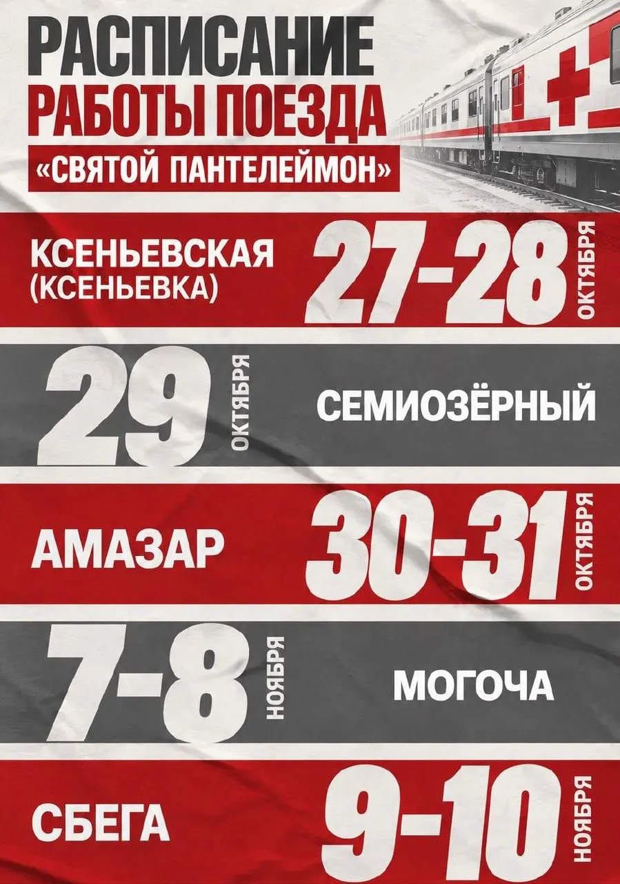 Передвижной медицинский поезд посетит пять населенных пунктов Могочинского округа и будет работать с 08:00 до 18:00.